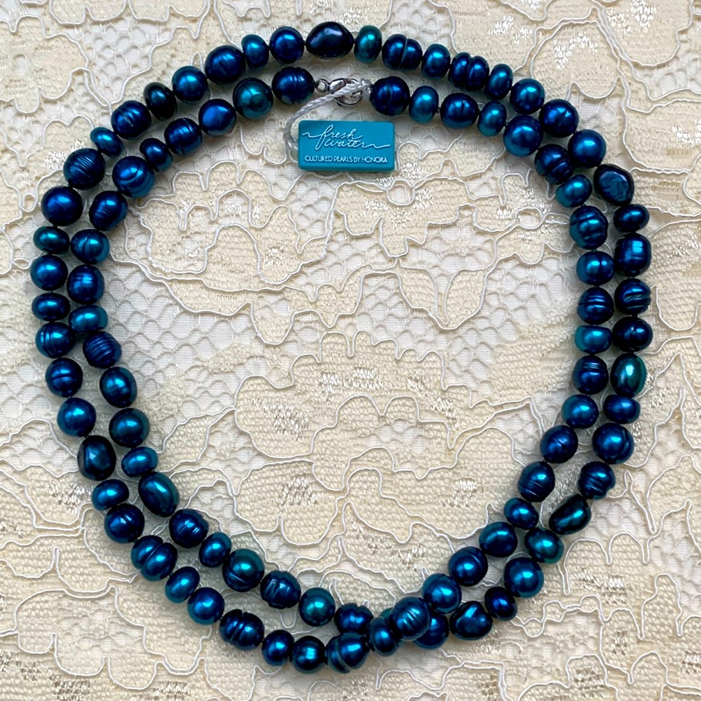 Honors ‘Ocean’ Blue Freshwater Pearl Necklace sterling silver lobster clasp